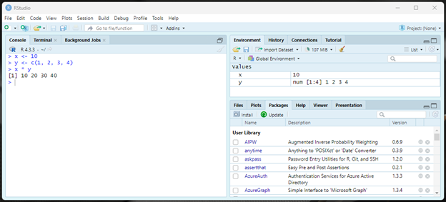 Screenshot of RStudio with x and y objects saved in the Environment